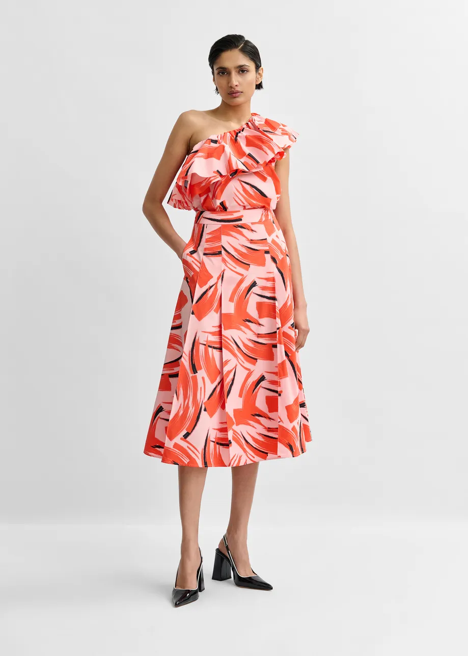 Light pink, orange and black a-line midi skirt