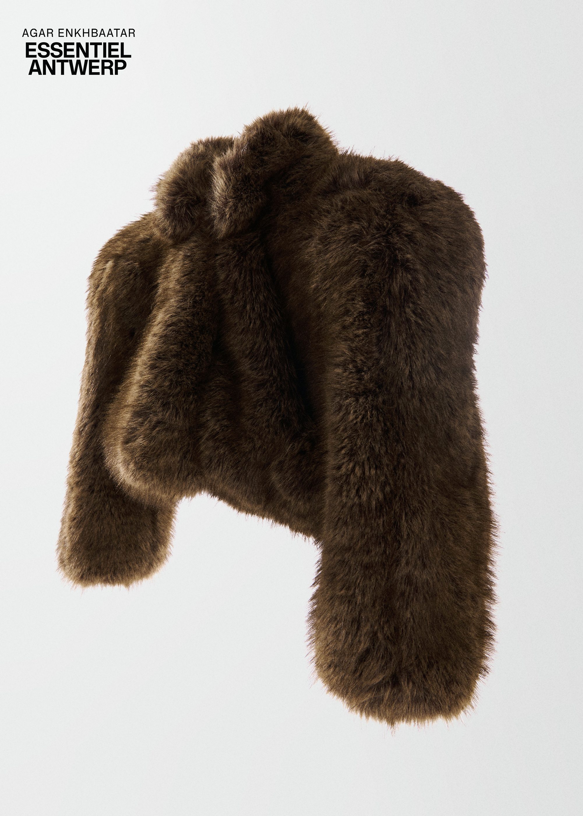 Brown cropped faux-fur jacket with sculpted raglan sleeves
