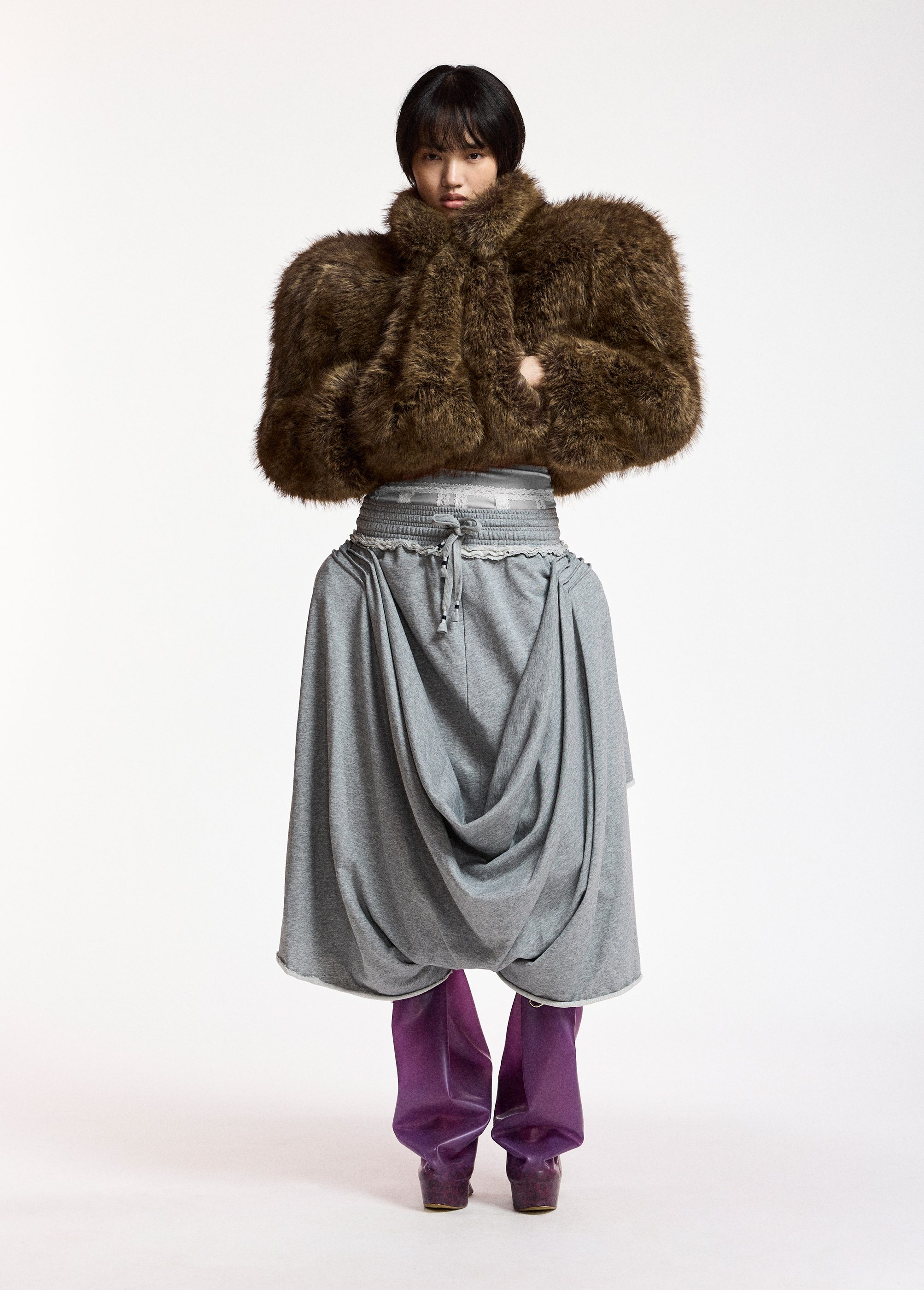 Brown cropped faux-fur jacket with sculpted raglan sleeves