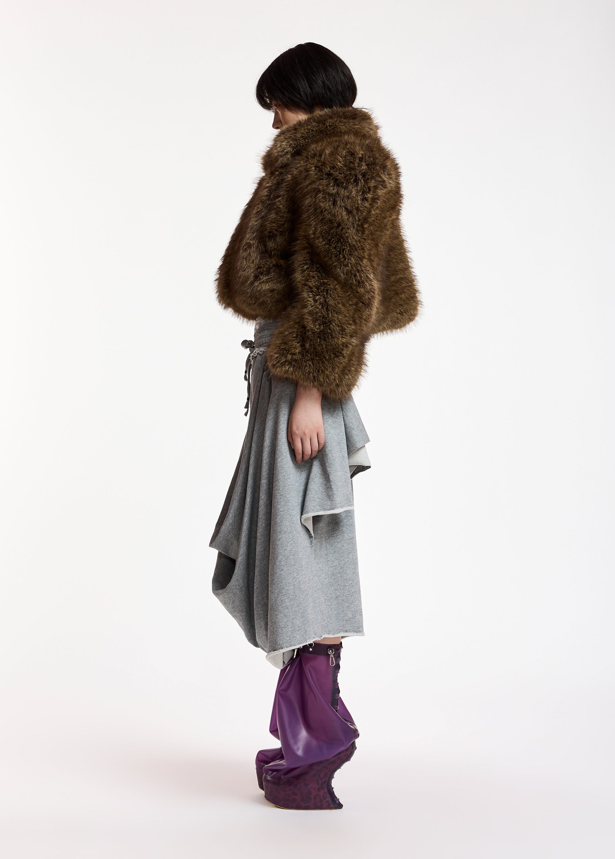 Brown cropped faux-fur jacket with sculpted raglan sleeves