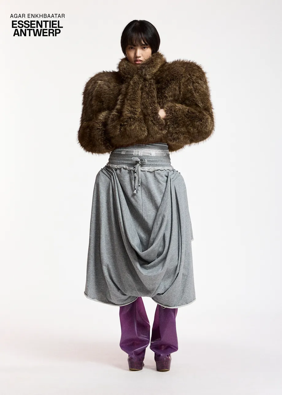 Brown cropped faux-fur jacket with sculpted raglan sleeves