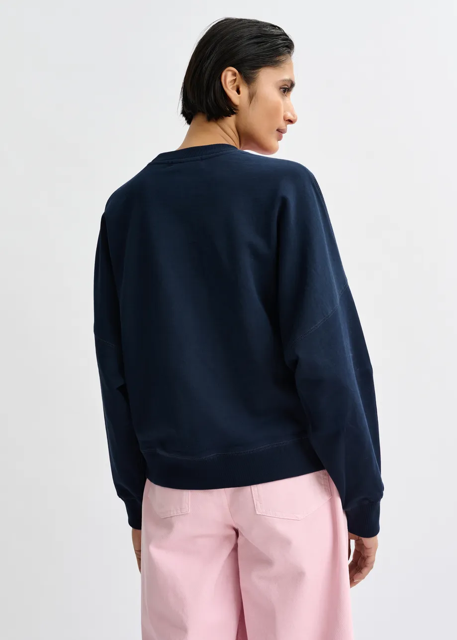 Marineblauwe katoenen sweater met roze bloemborduurwerk