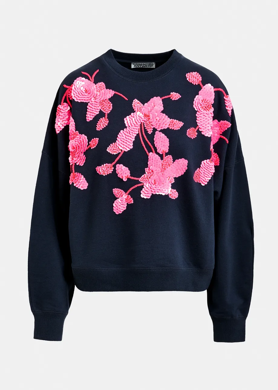 Marineblauwe katoenen sweater met roze bloemborduurwerk