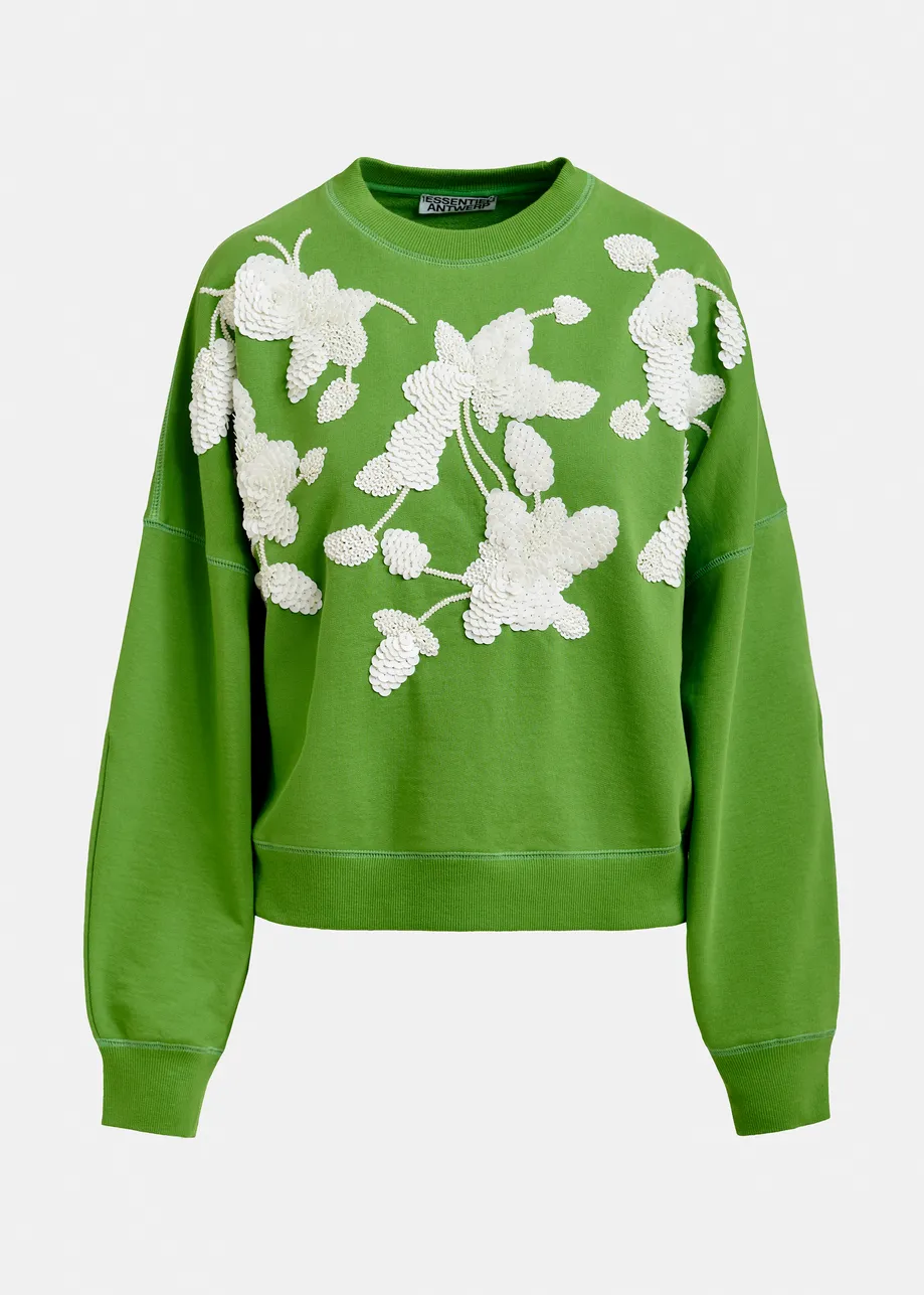 Groene katoenen sweater met gebroken wit bloemborduurwerk