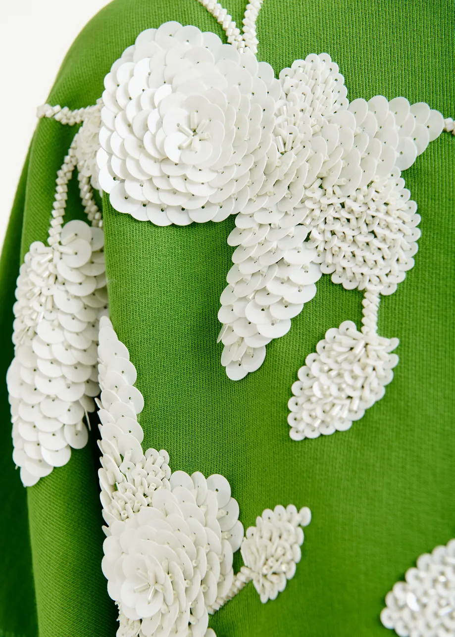 Groene katoenen sweater met gebroken wit bloemborduurwerk
