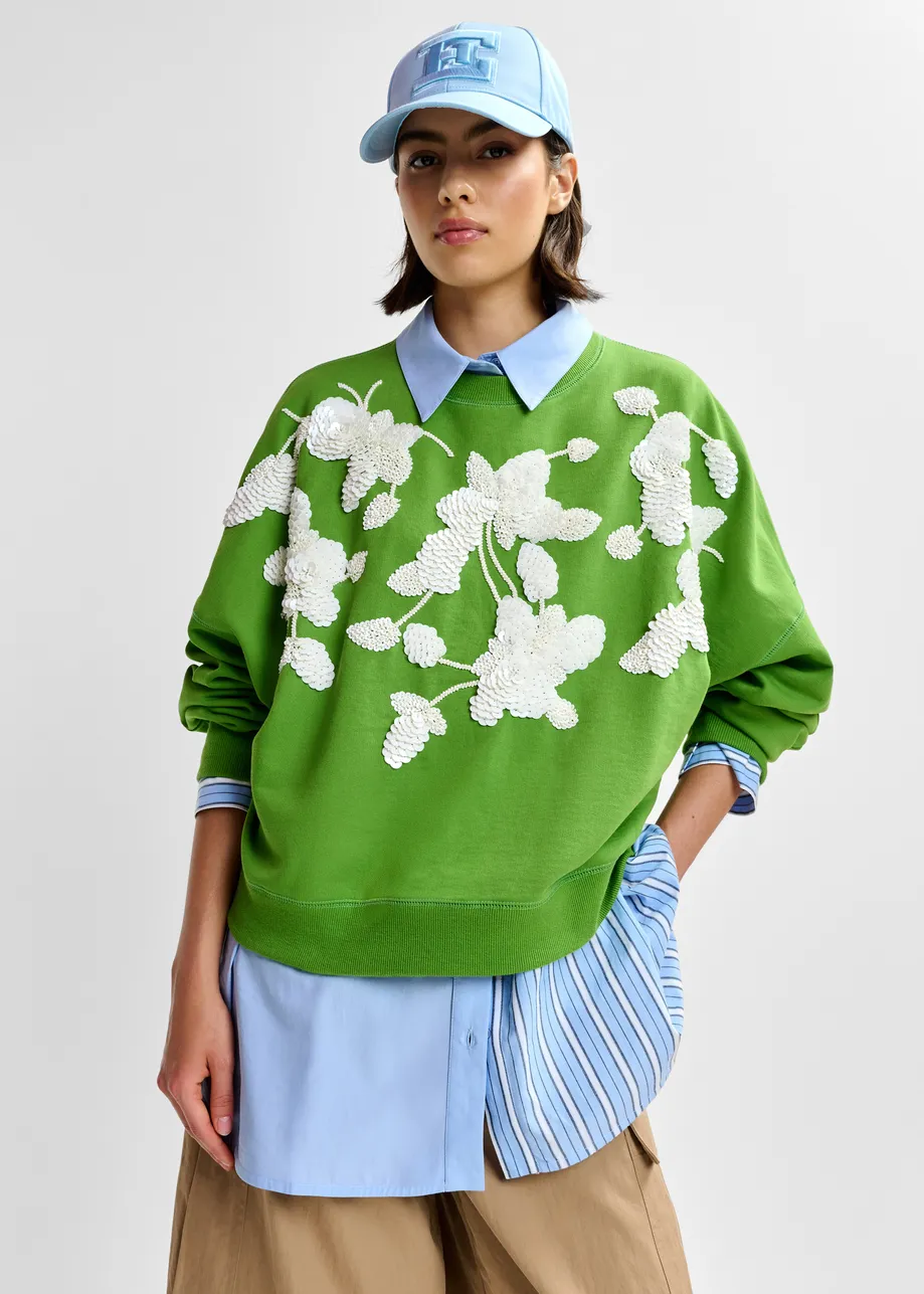 Green cotton sweatshirt with off-white floral sequin and bead-embellished embroidery
