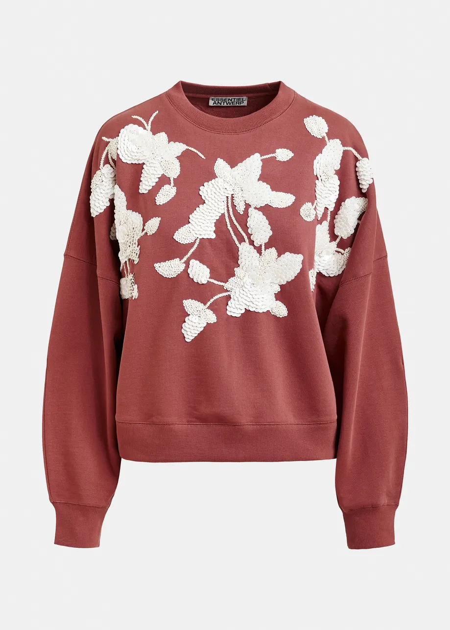 Bruine katoenen sweater met gebroken wit bloemborduurwerk