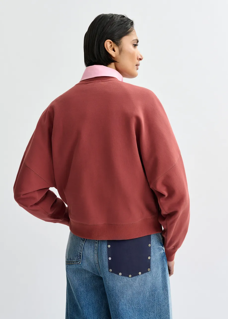 Bruine katoenen sweater met gebroken wit bloemborduurwerk