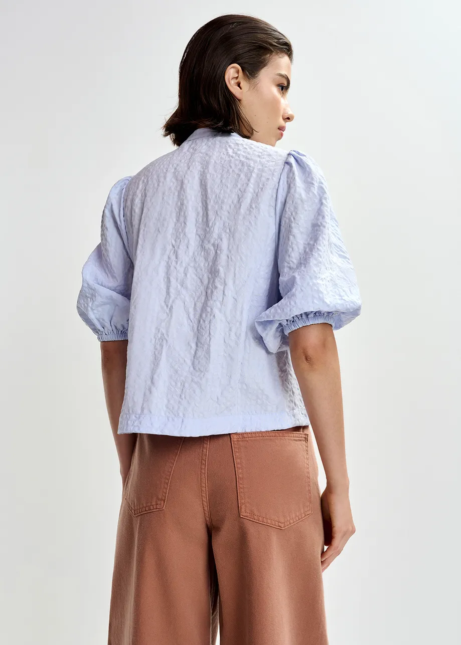 Light blue and multicolor floral sequin and bead-embellished shirt with voluminous sleeves