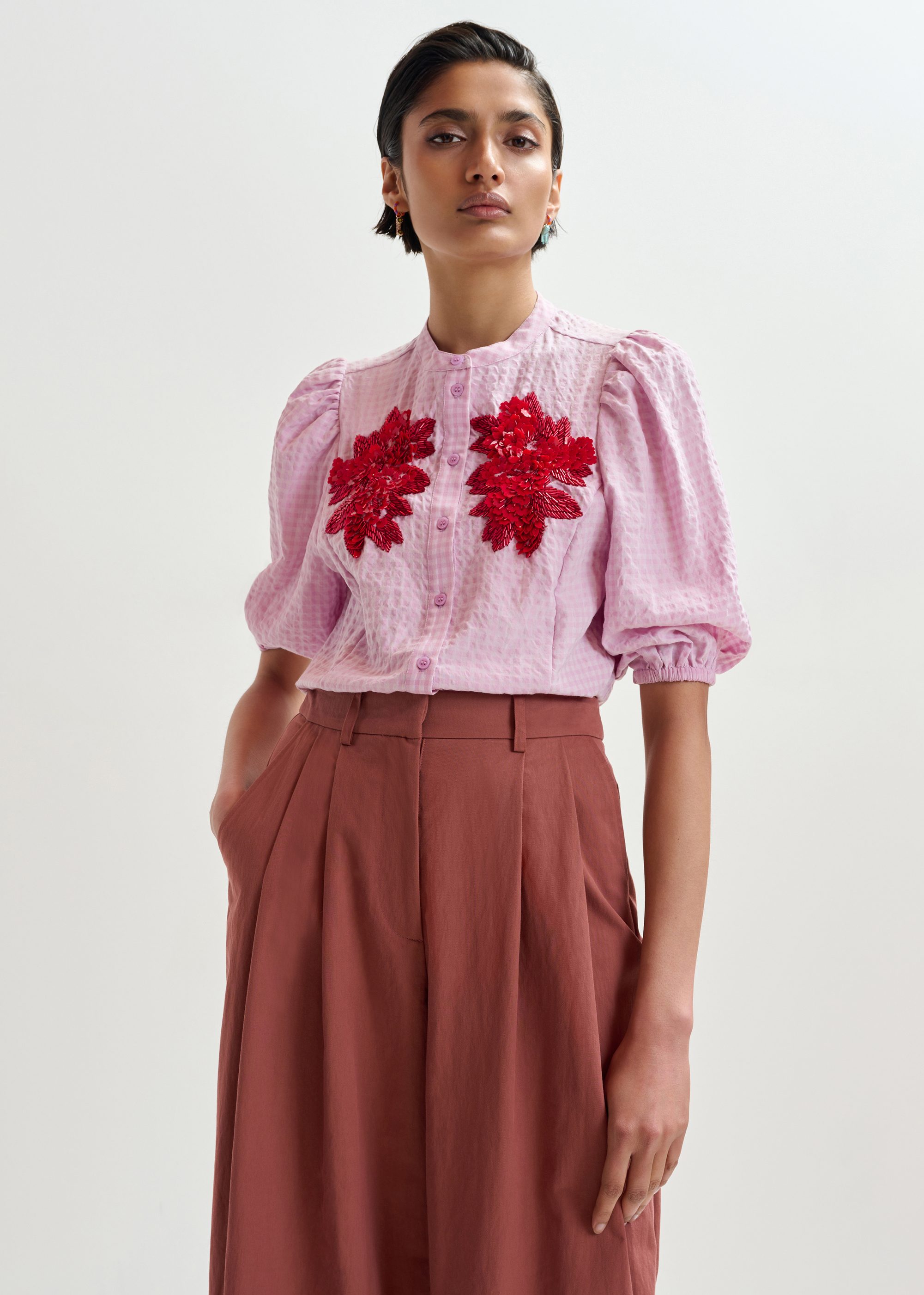 Light pink and red floral sequin and bead-embellished shirt with