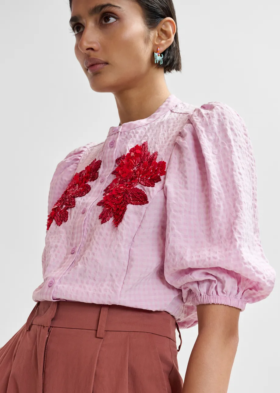Light pink and red floral sequin and bead-embellished shirt with voluminous sleeves