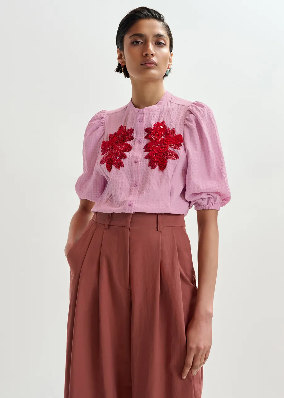 Light pink and red floral sequin and bead-embellished shirt with voluminous sleeves