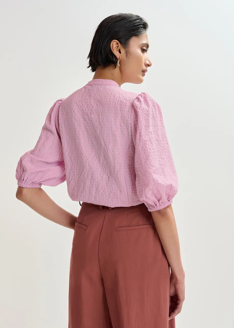 Light pink and red floral sequin and bead-embellished shirt with voluminous sleeves