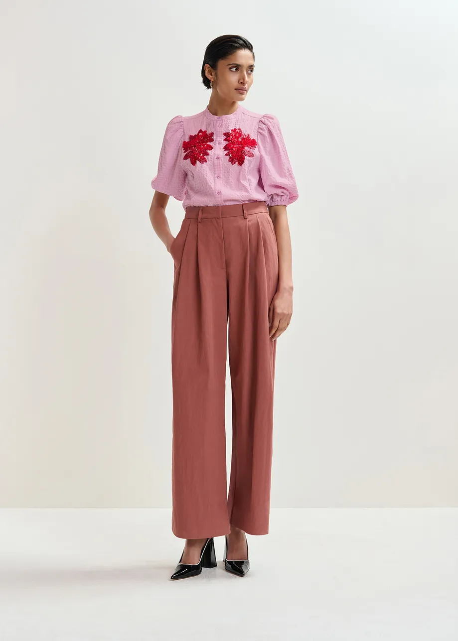 Light pink and red floral sequin and bead-embellished shirt with voluminous sleeves