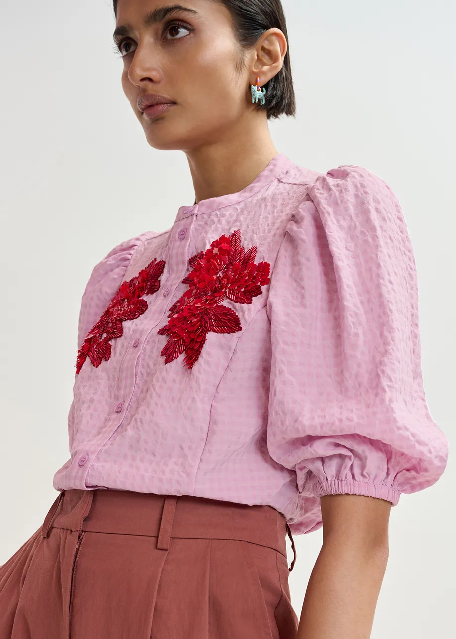 Light pink and red floral sequin and bead-embellished shirt with voluminous sleeves