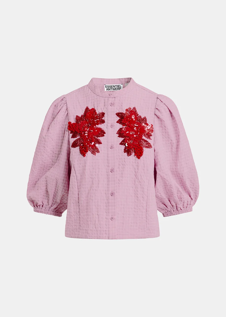 Light pink and red floral sequin and bead-embellished shirt with voluminous sleeves