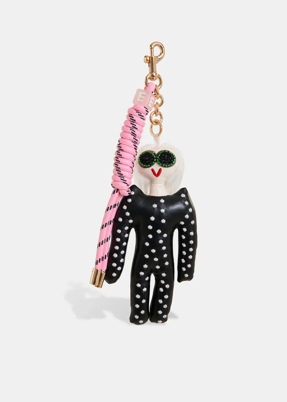 Black doll bag charm with pink twisted cord detail