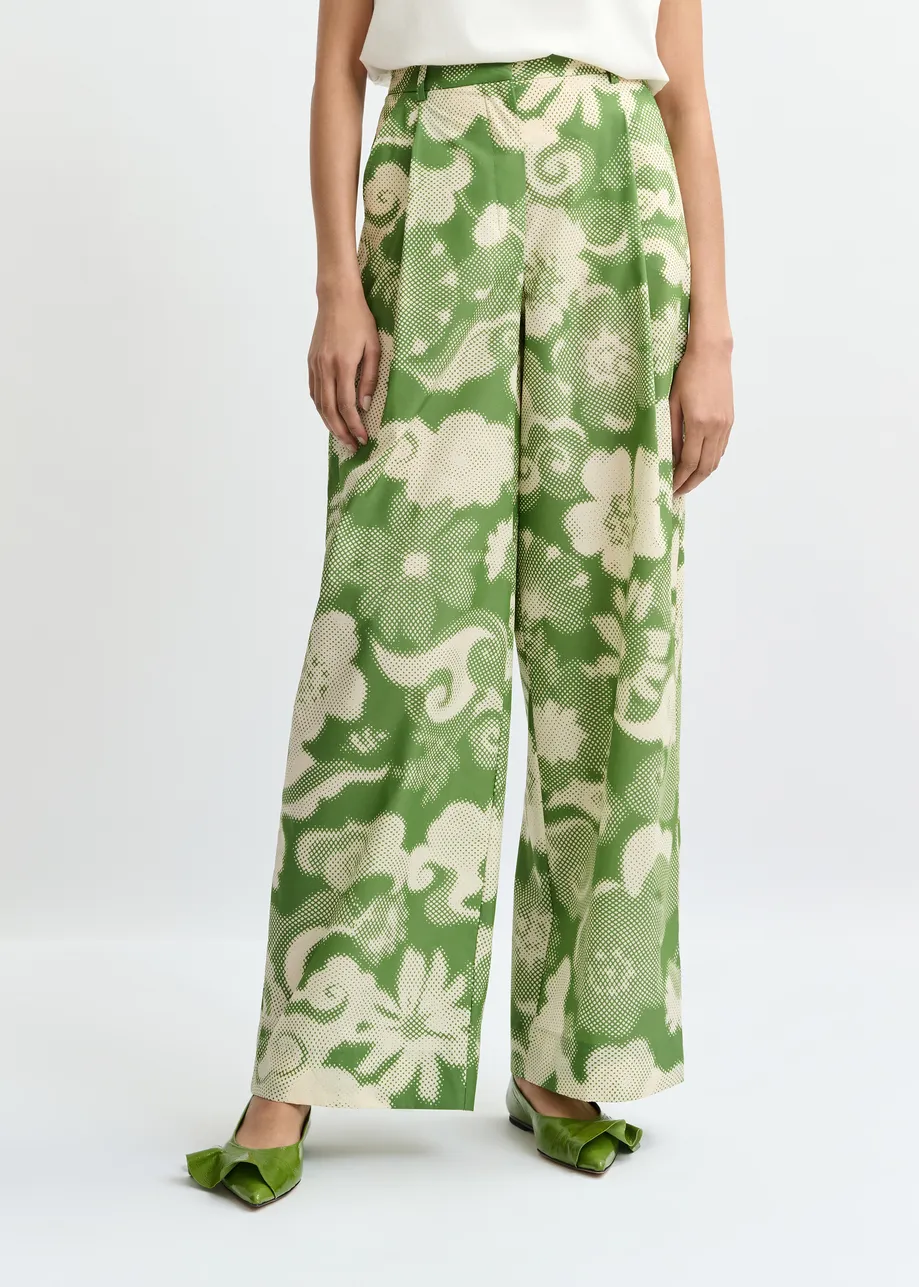 Beige en groene wijde broek met print en plooien