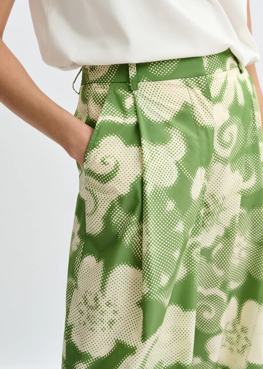 Beige en groene wijde broek met print en plooien