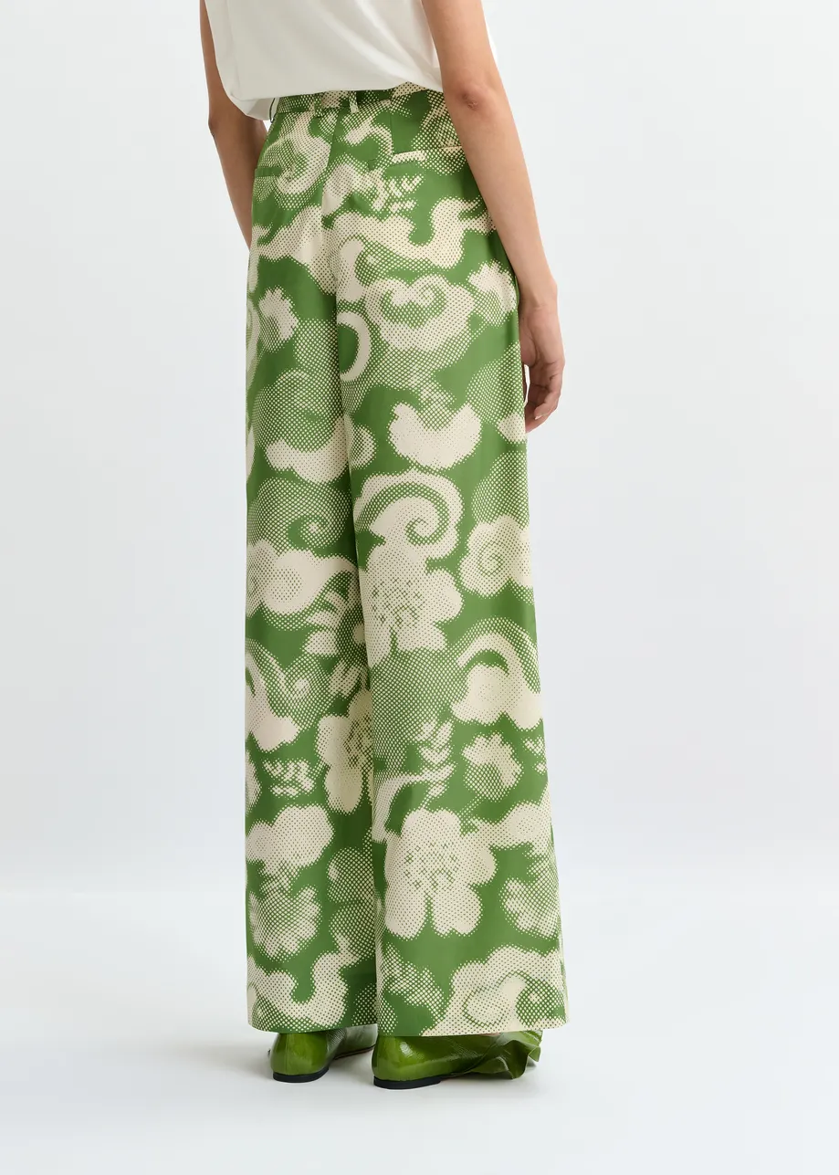 Beige en groene wijde broek met print en plooien