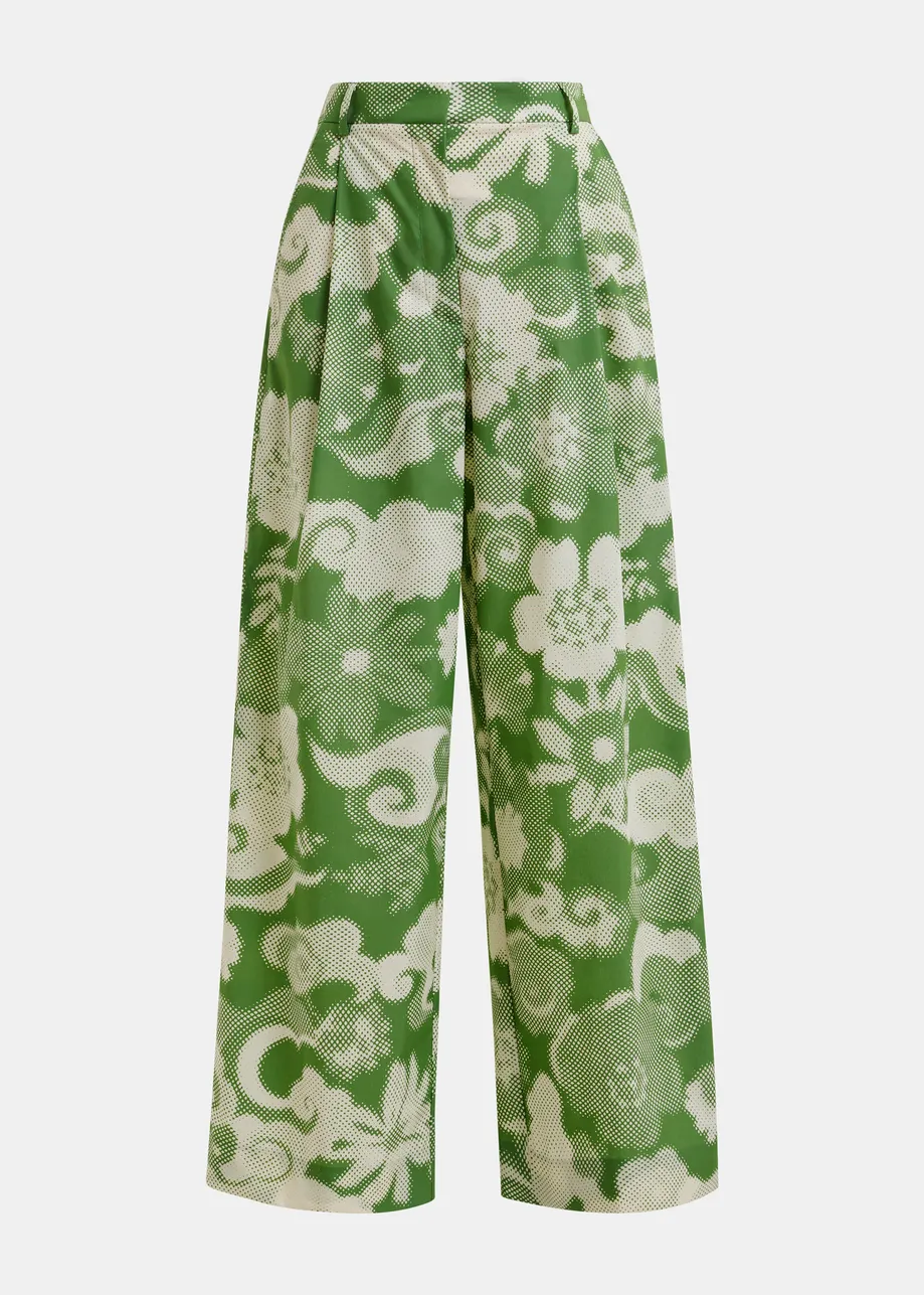 Beige en groene wijde broek met print en plooien