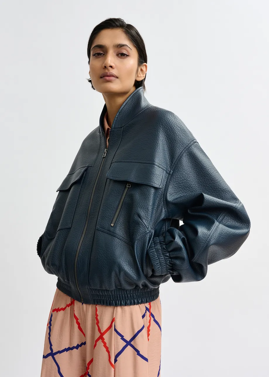 Marineblauw oversized bomberjack in faux leer