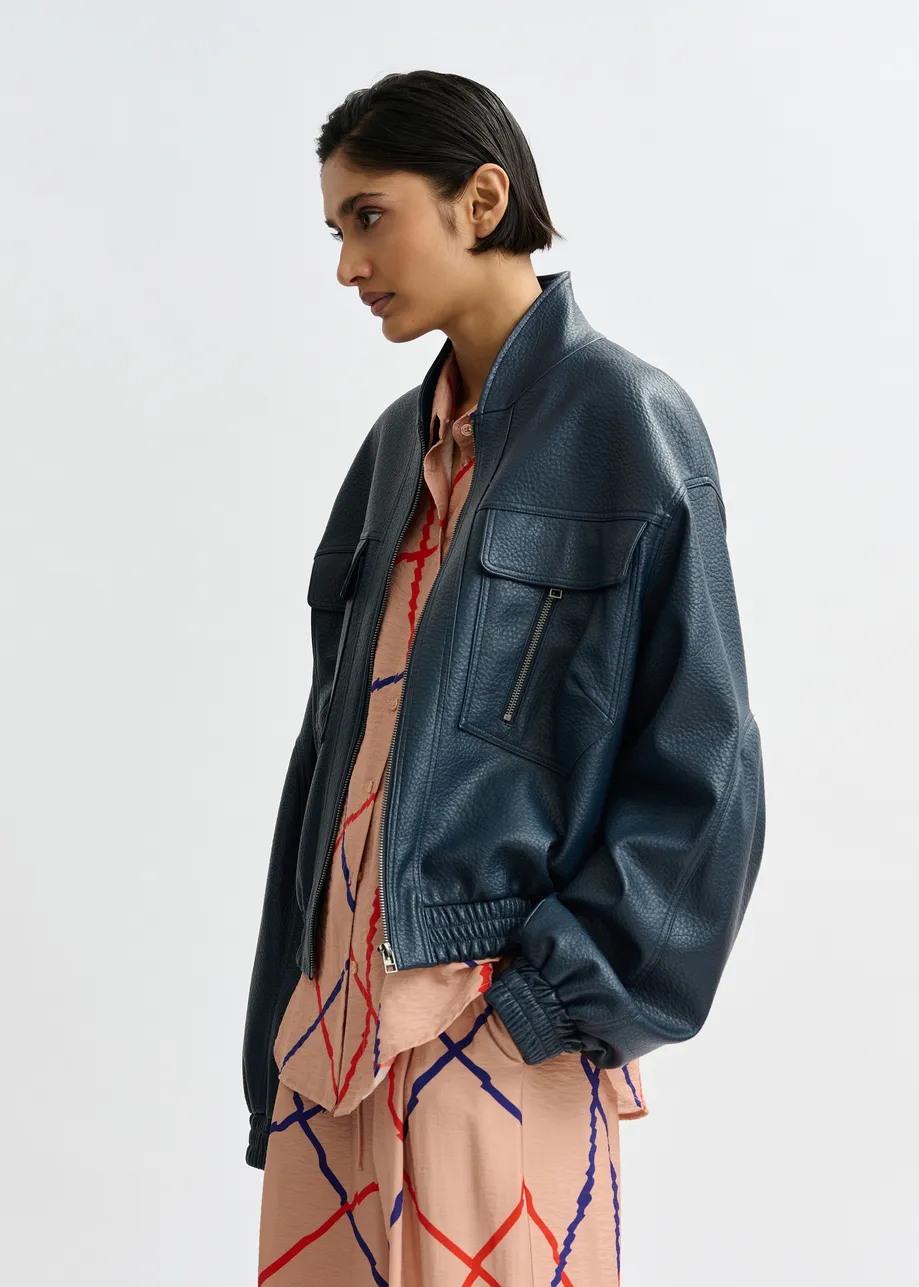 Marineblauw oversized bomberjack in faux leer