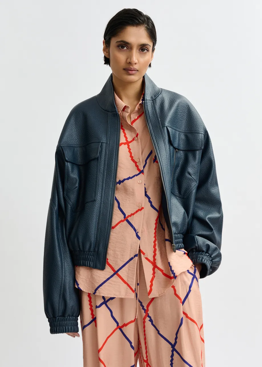 Marineblauw oversized bomberjack in faux leer