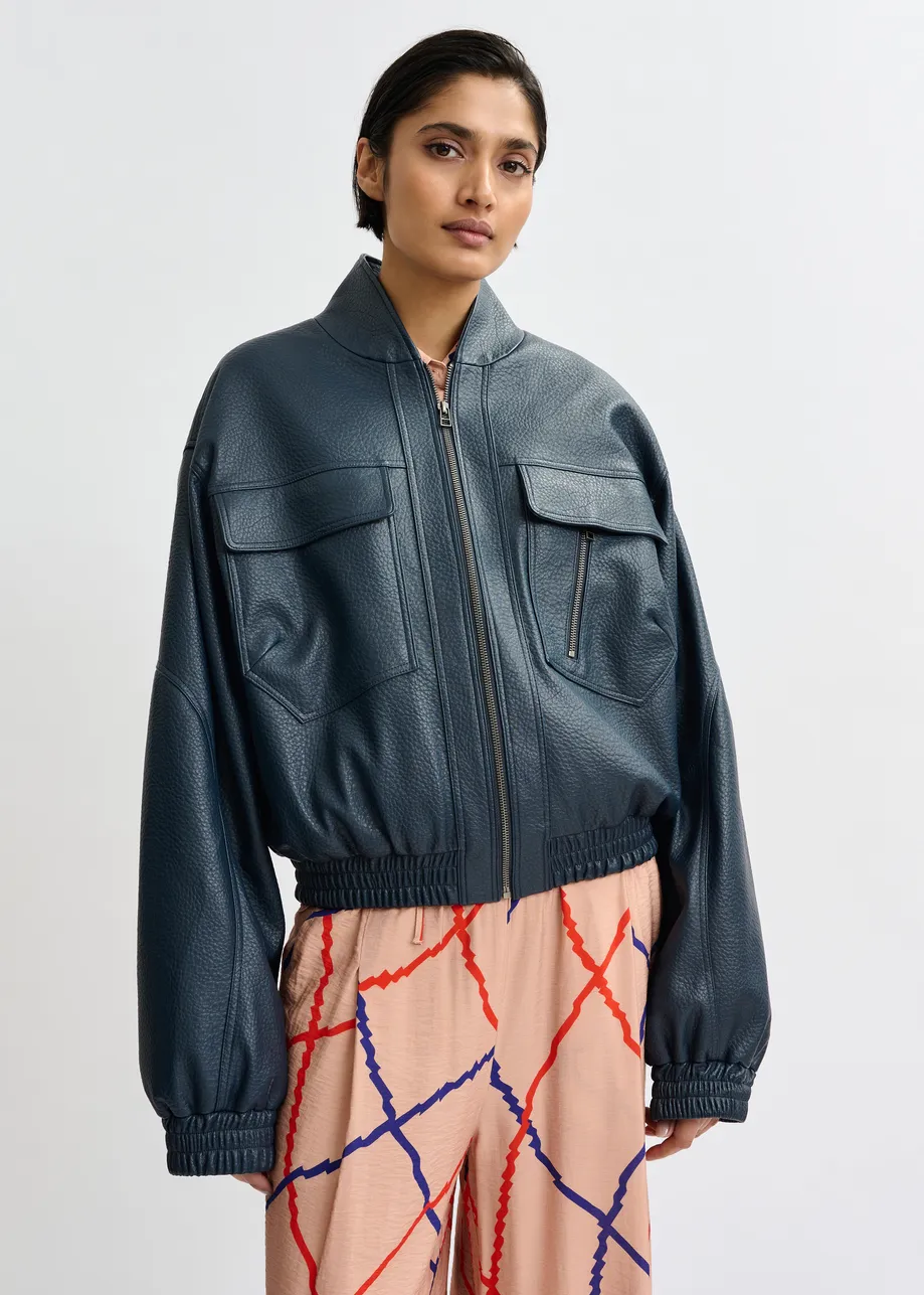 Marineblauw oversized bomberjack in faux leer
