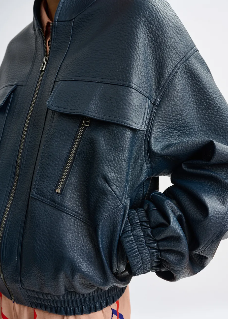 Marineblauw oversized bomberjack in faux leer