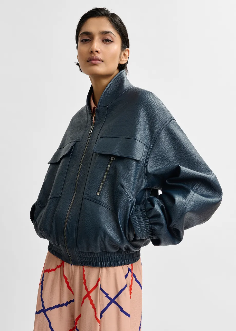 Marineblauw oversized bomberjack in faux leer