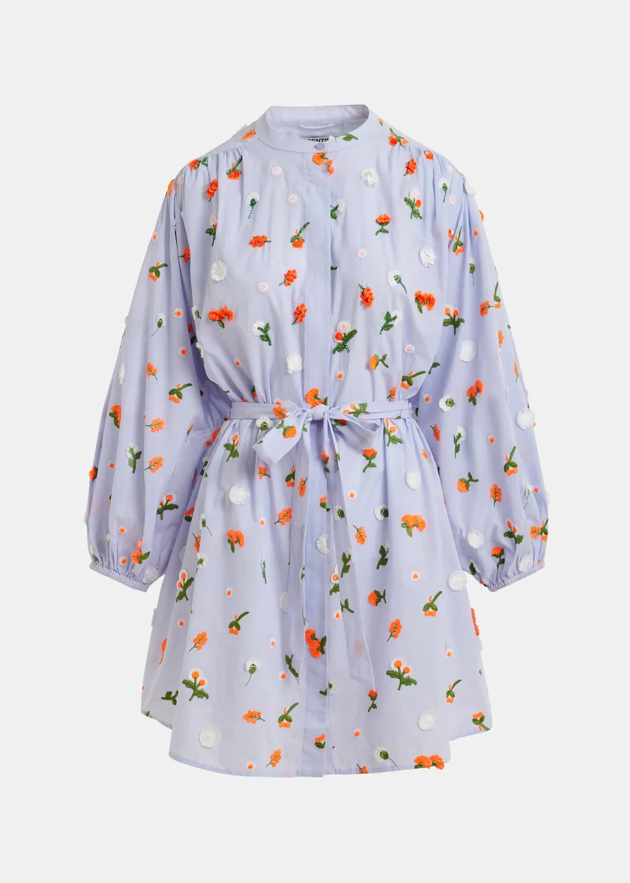 Light blue knee-length dress with mandarin collar and green and orange embellishments