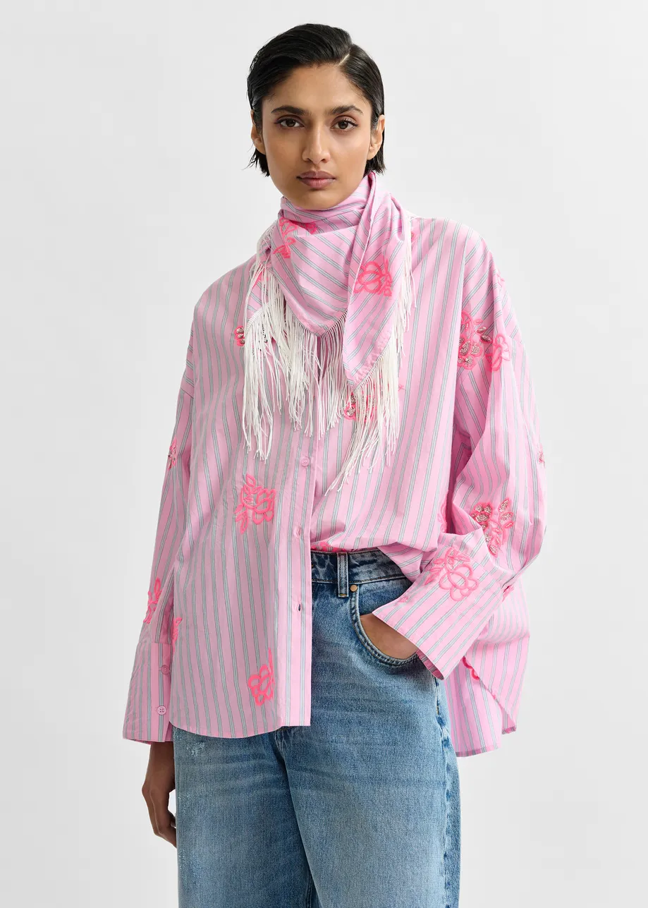 Pink cotton shirt with blue pinstripes and embroidered details
