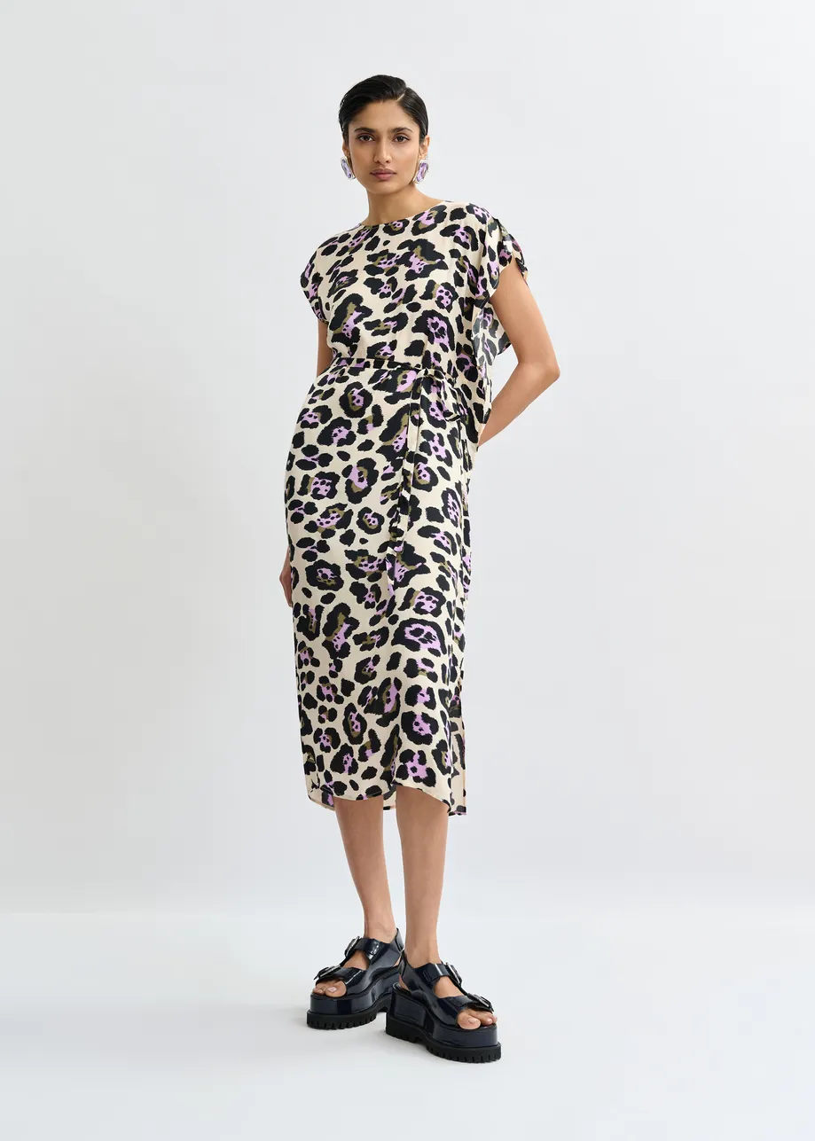Off-white, purple and black leopard-print midi dress with ruffle details