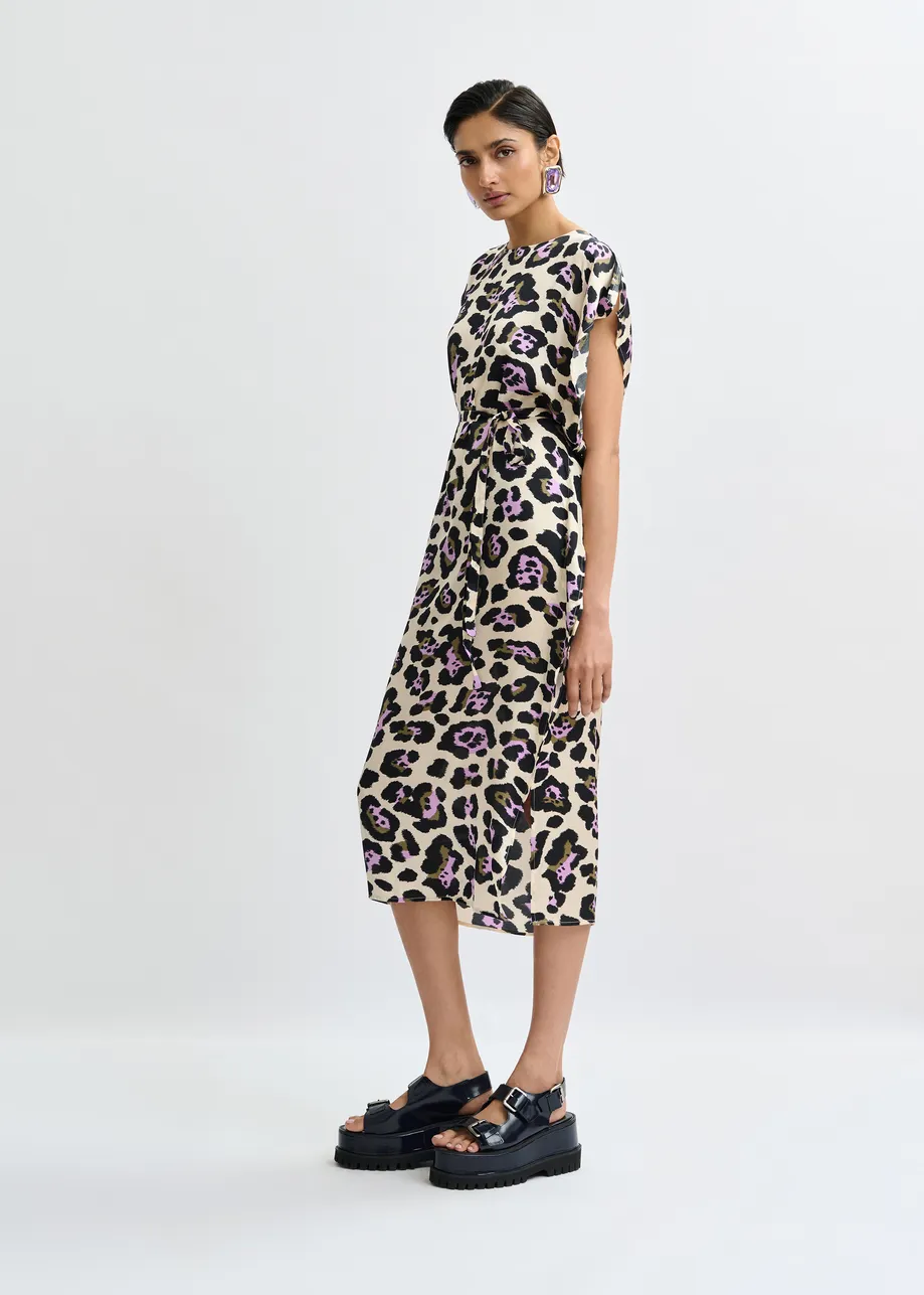 Off-white, purple and black leopard-print midi dress with ruffle details
