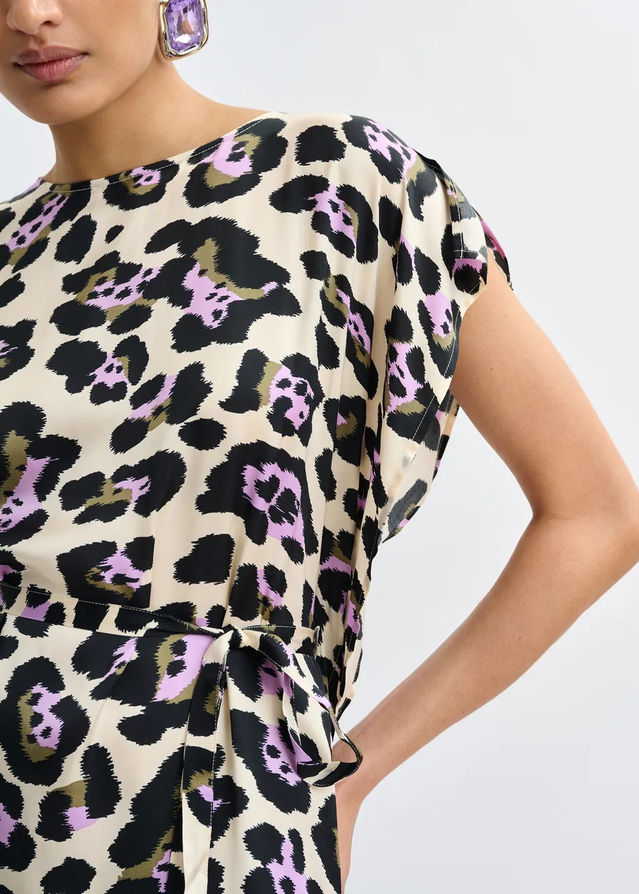 Off-white, purple and black leopard-print midi dress with ruffle details