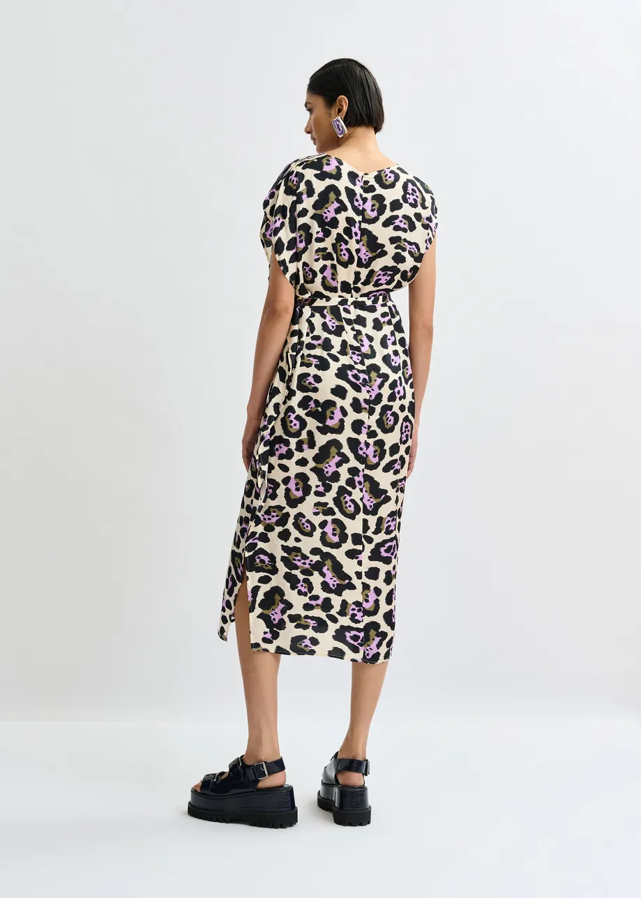 Off-white, purple and black leopard-print midi dress with ruffle details