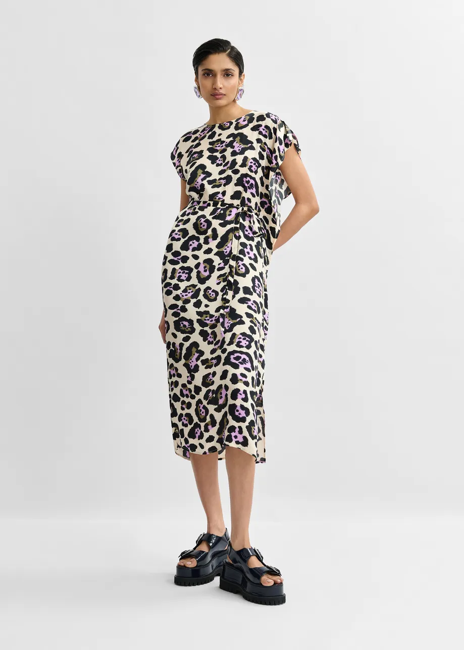 Off-white, purple and black leopard-print midi dress with ruffle details
