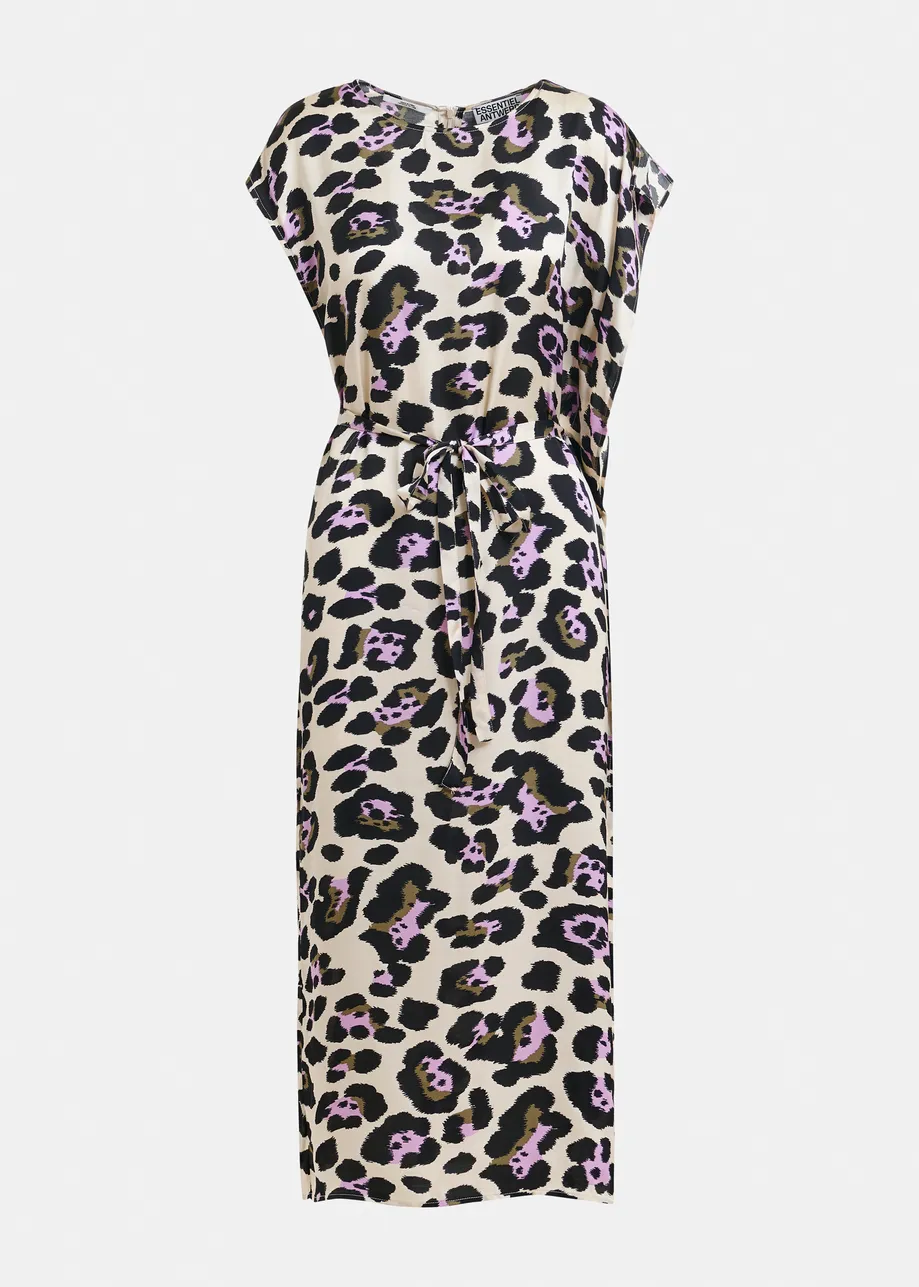 Off-white, purple and black leopard-print midi dress with ruffle details