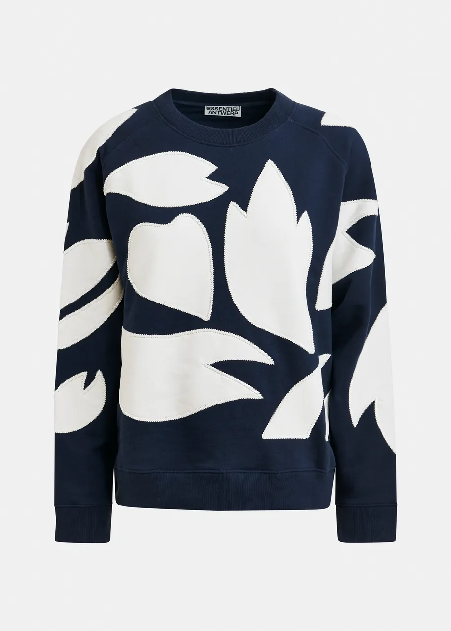 Marineblauwe katoenen sweater met opgestikte vlammen