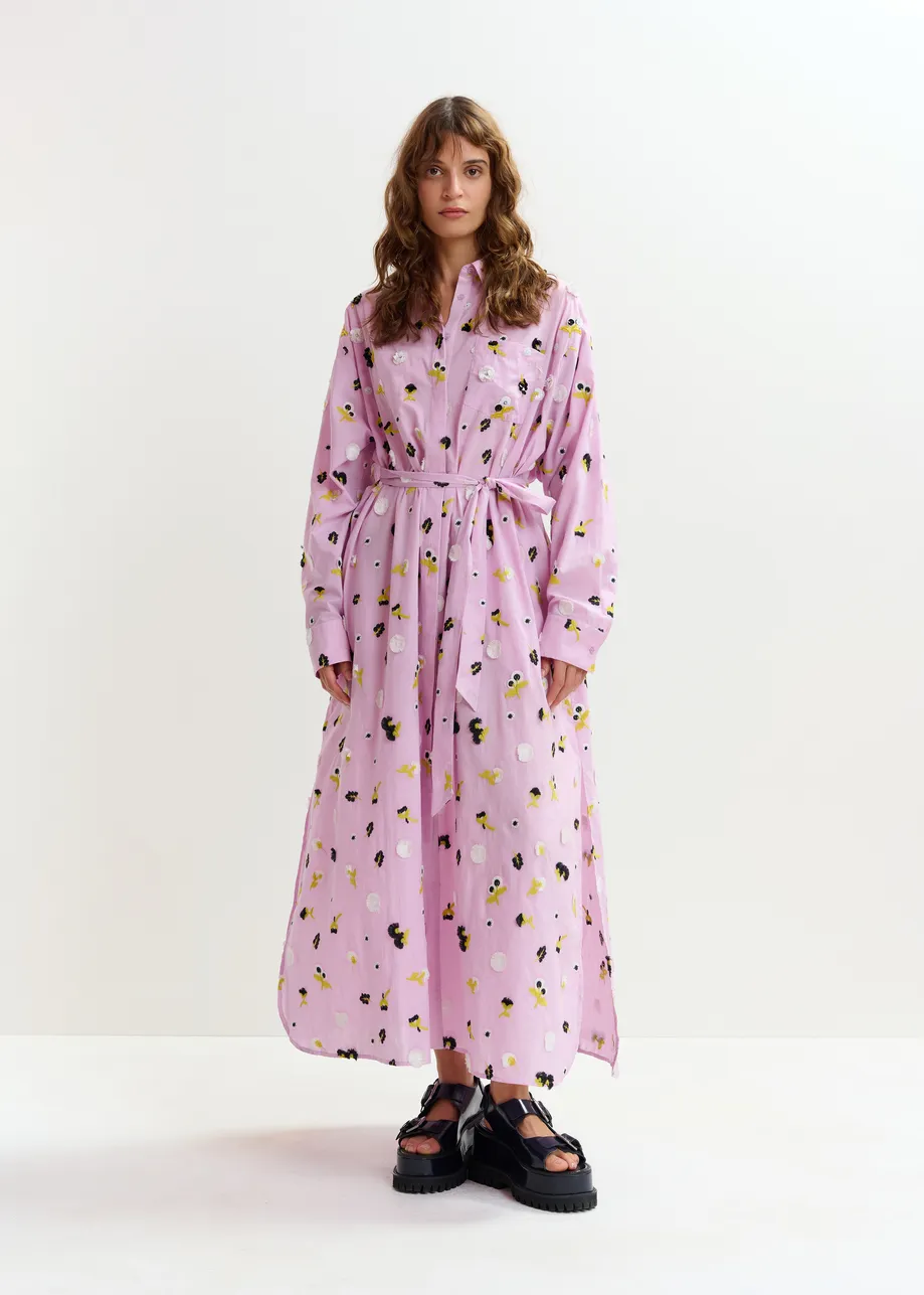 Light purple oversized cotton maxi shirt dress with black, white and yellow floral embellishments