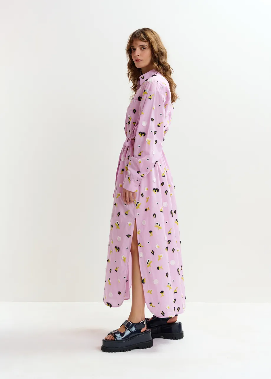 Light purple oversized cotton maxi shirt dress with black, white and yellow floral embellishments