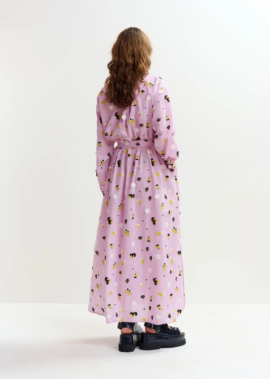 Light purple oversized cotton maxi shirt dress with black, white and yellow floral embellishments