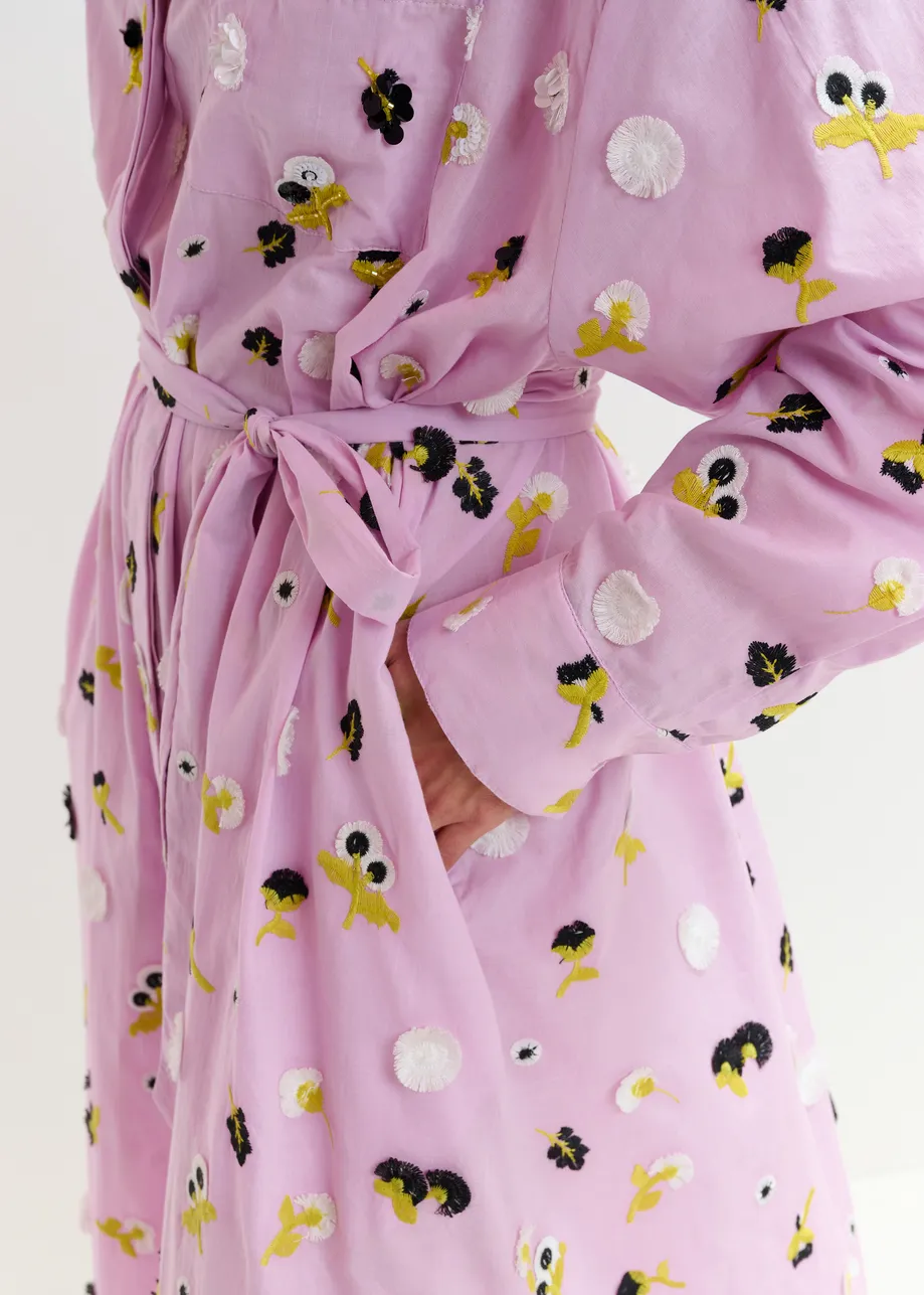 Light purple oversized cotton maxi shirt dress with black, white and yellow floral embellishments