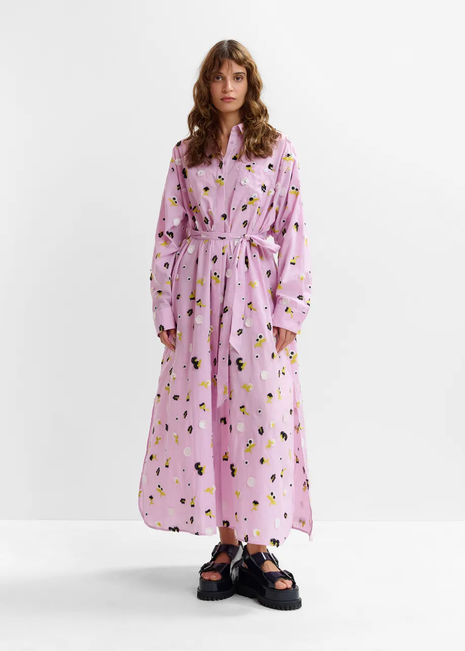 Light purple oversized cotton maxi shirt dress with black, white and yellow floral embellishments
