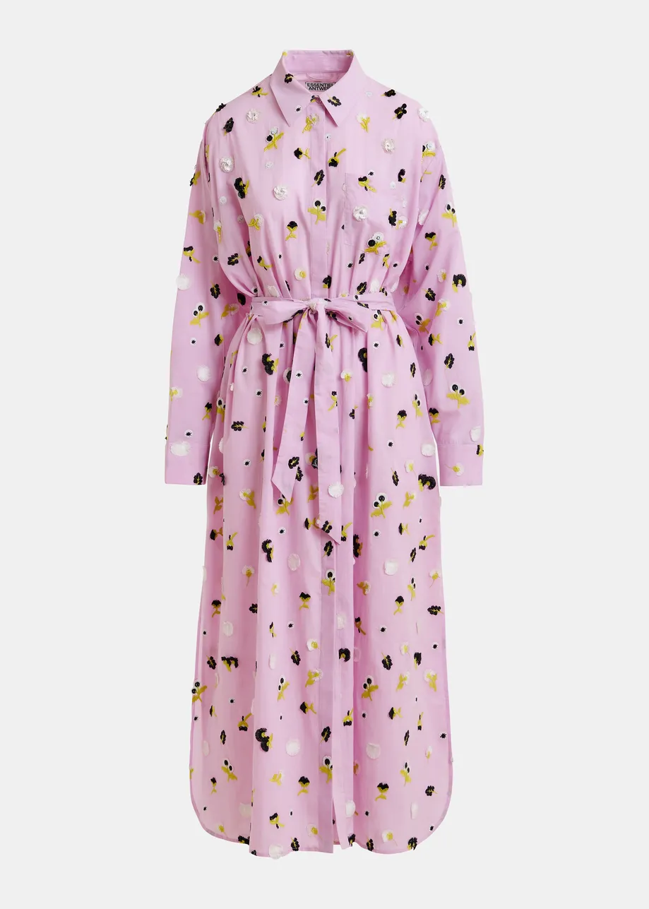 Light purple oversized cotton maxi shirt dress with black, white and yellow floral embellishments