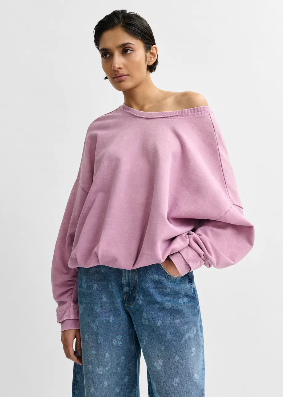 Purple cropped cotton sweatshirt with wrapback detail