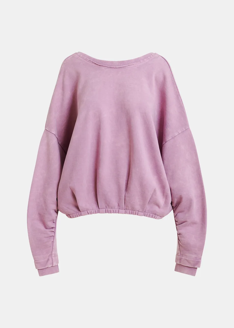 Purple cropped cotton sweatshirt with wrapback detail