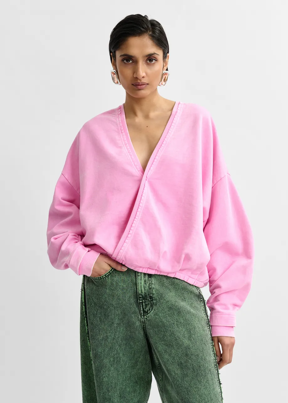Pink cropped cotton sweatshirt with wrapback detail