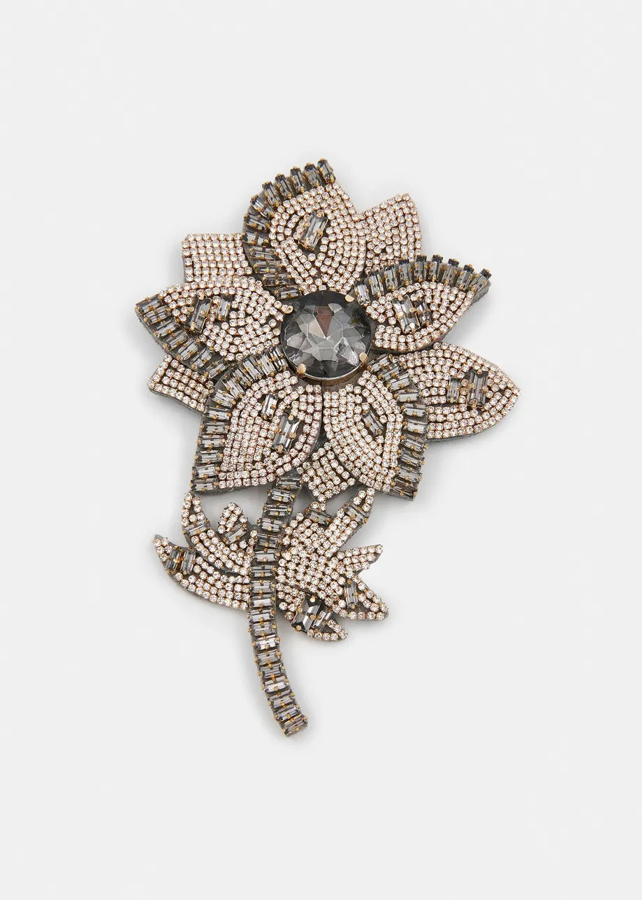 Grey and silver rhinestone flower brooch